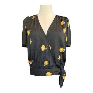 🖤💛 EUC MADEWELL Black & Yellow Floral Short Sleeve Wrap Blouse | Sz S